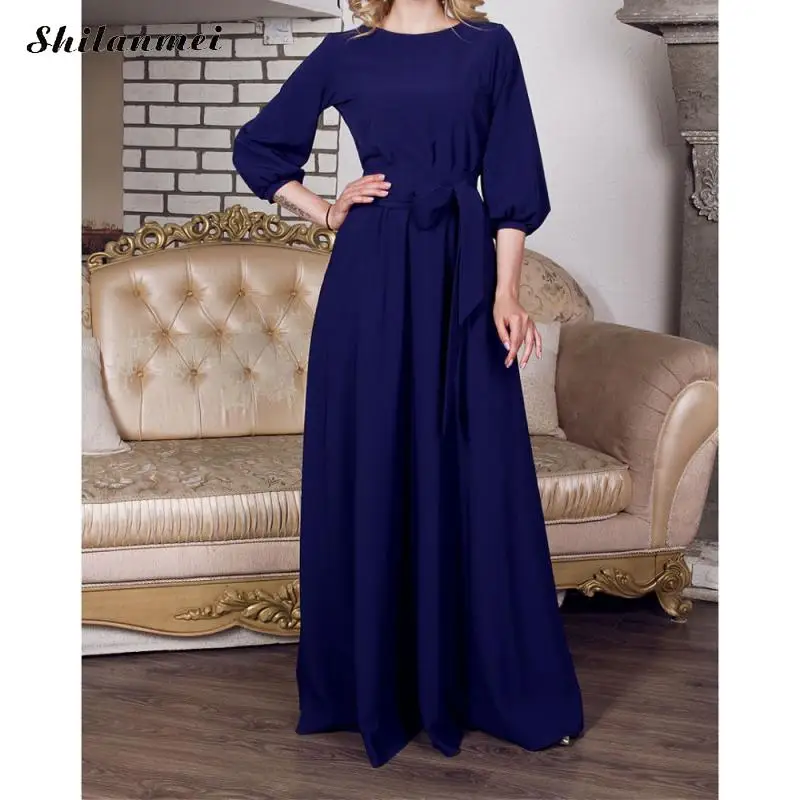 

Spring Woman O-Neck Party Long Dress New Bohemian Style Slim Vestidos Vintage Three Quarter Lantern Sleeve Casual Dress 2019 XXL