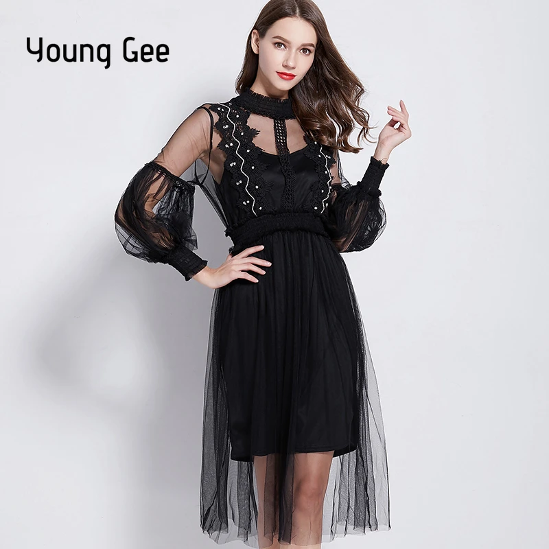 

Young Gee Spring Summer Runway Designer Womens Dresses Pink Sweet Crystal Floral Lace Stretchy Waist Lantern Sleeve Dress vestid