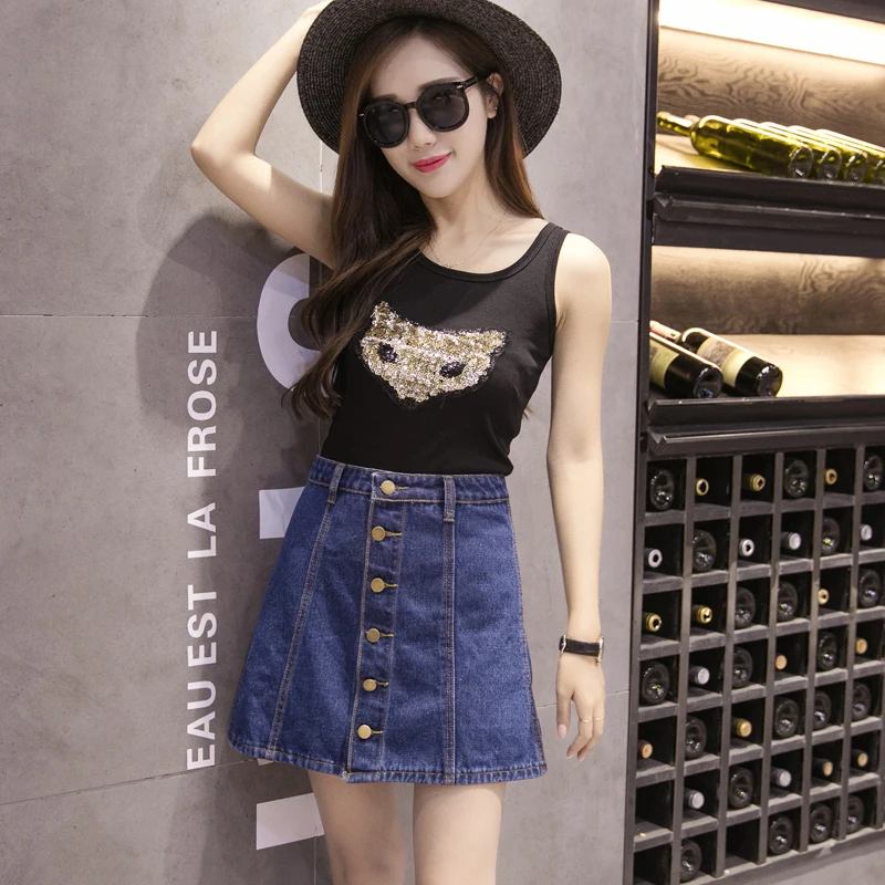 EXOTAO Single Breasted Mini Denim Skirts for Lady Solid Empire Harajuku Skirt Spring Saia 2018 Fashion Faldas Women A-Line Jupe | Женская
