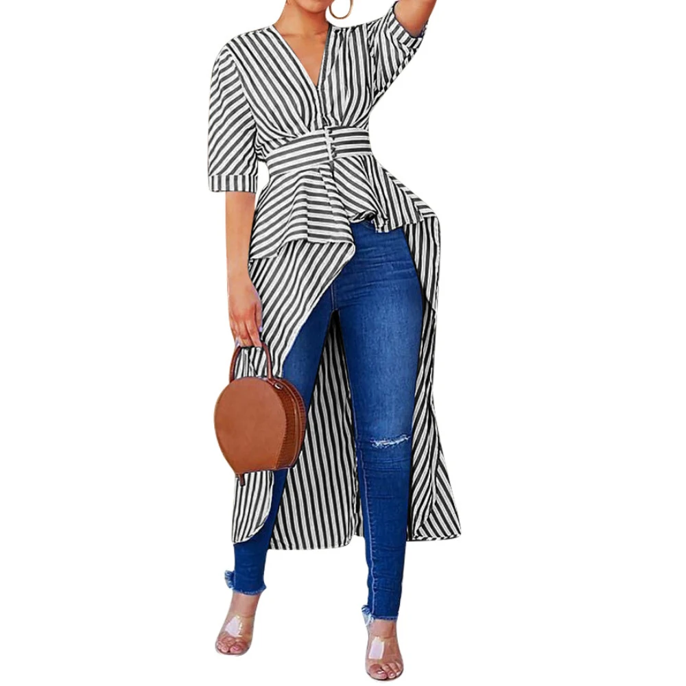 

2019 Women New Fashion Summer Stripe V-Neck Short Sleeve Pleats Asymmetric Hem Slim Tops Blouse