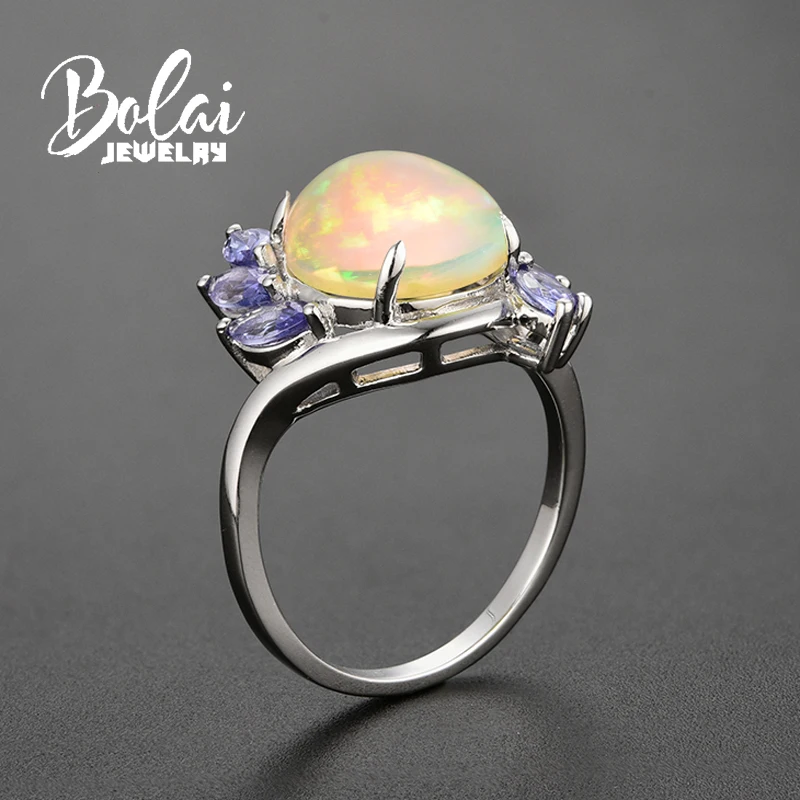 Bolaijewelry, кольцо из белого золота 14 К натуральный Эфиопский Опал и драгоценный камень Танзанит, простое и модное кольцо для девочек в качестве лучшего подарка