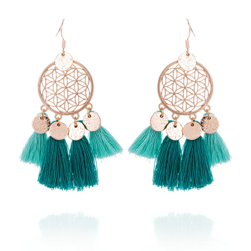 E020318 Gold color round sequins boho ethnic tassel drop earrings Women ladies fashion earring bohemia statement vintage wedding - Окраска металла: E020318