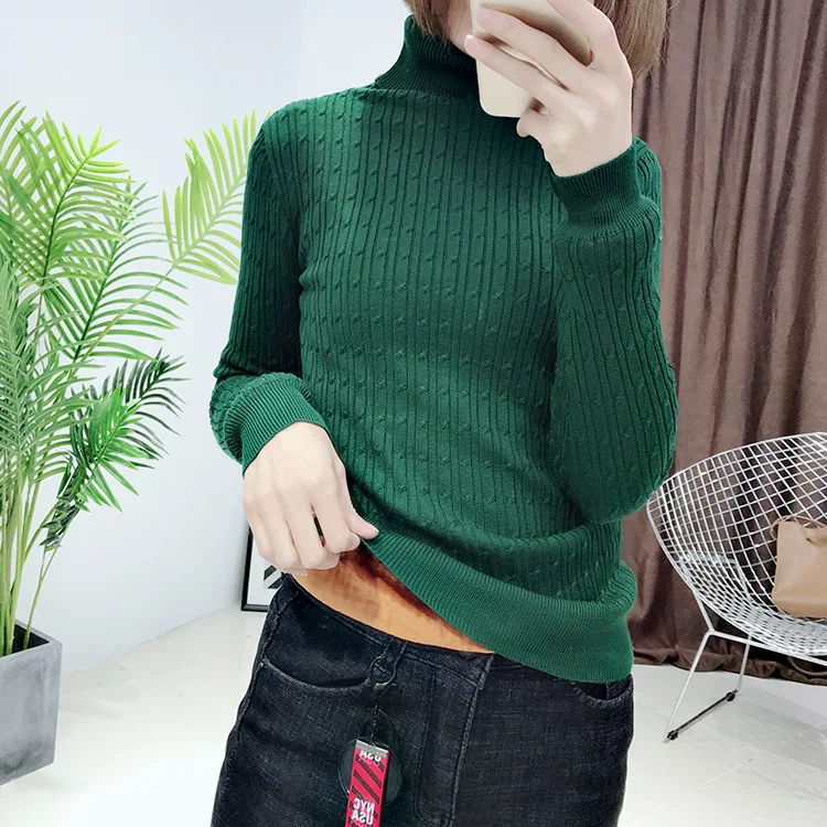 Женский трикотажный свитер с высоким воротом однотонный облегающий из флиса