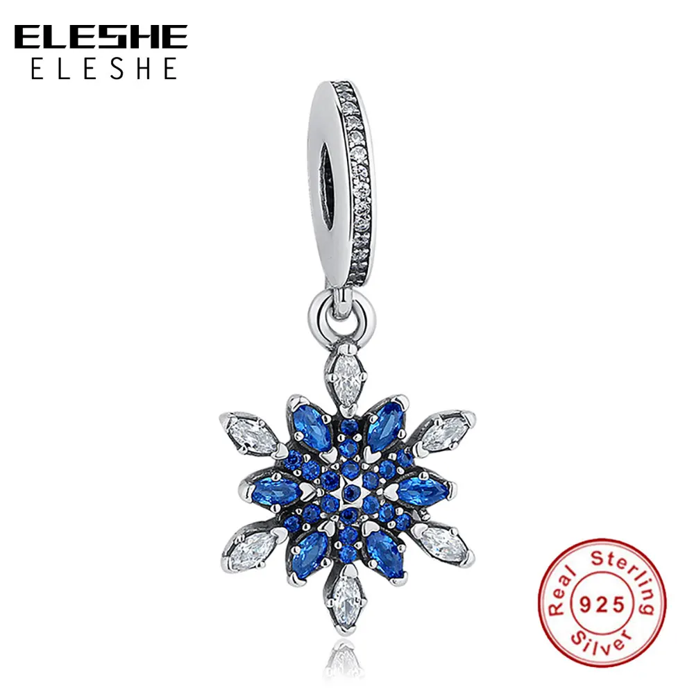 

ELESHE Authentic 925 Sterling Silver with Blue Crystal Snowflake Dangle Charm for Women fit Bracelets & Bangles DIY Jewelry