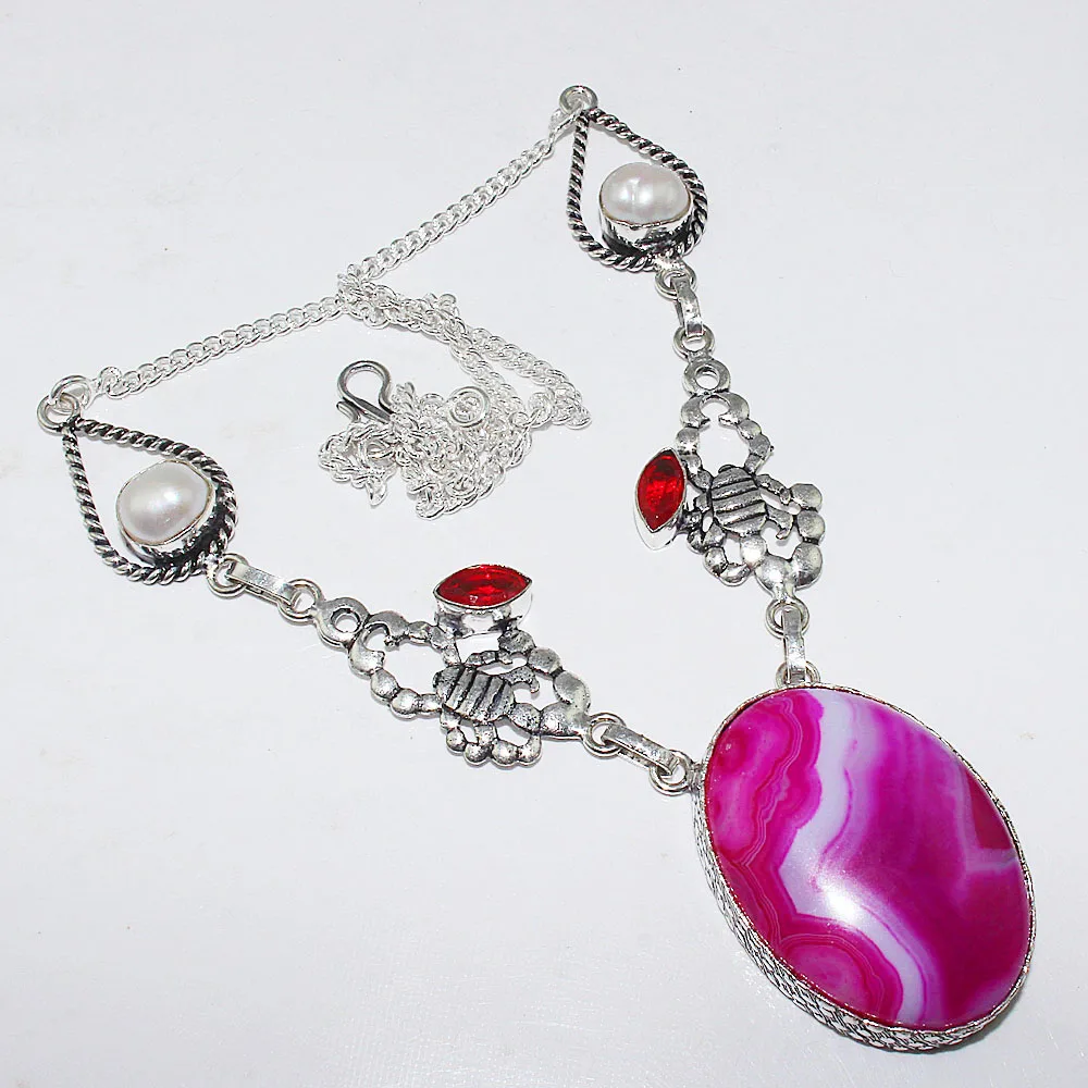 

Botswana Agates & Garnet Necklace Silver Overlay over Copper, 50.5cm, N1631