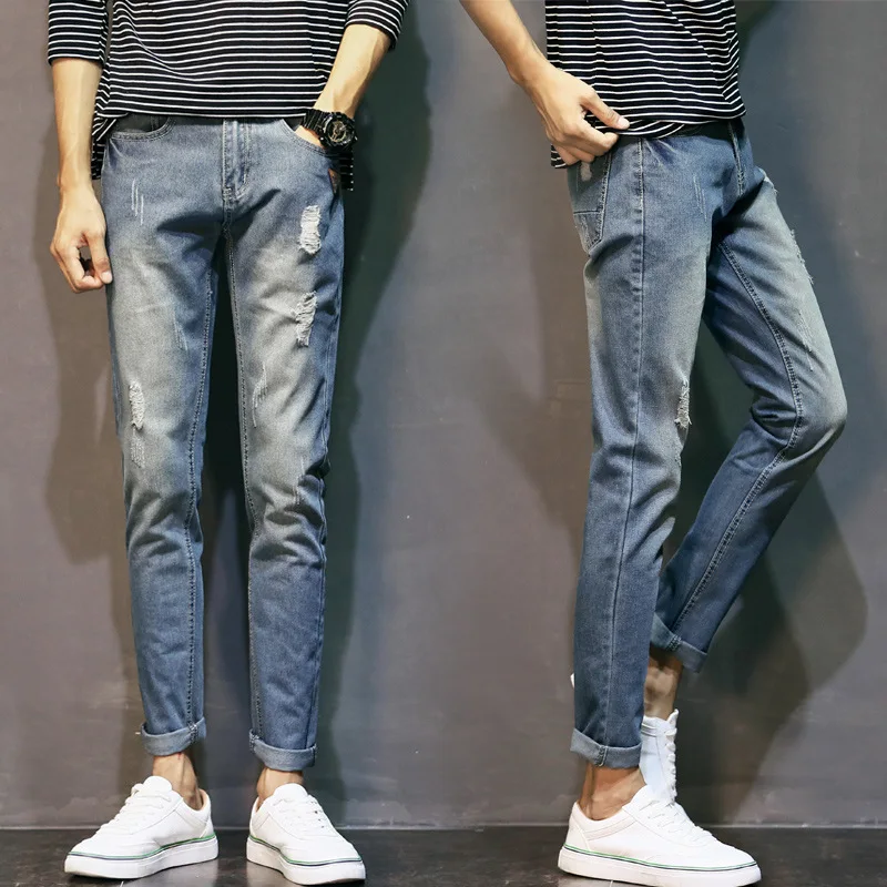 Мужские рваные джинсы с дырками обтягивающие эластичные по щиколотку прямые