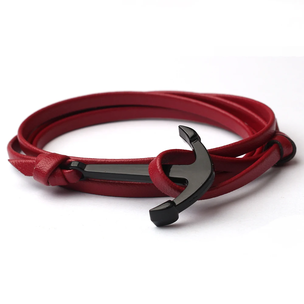 Leather Men Bracelets Custom Color New Black Anchor Hook lovers Handmade Charm Male Double Bracelet BA2black | Украшения и