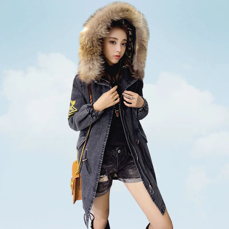 Джинсовая хлопковая куртка с капюшоном Женская парка воротник из натурального