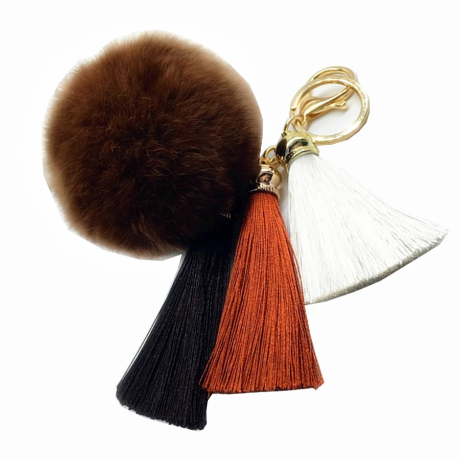 

Genuine 8cm Rabbit Fur Ball Plush Key Chain Ring Holder POM POM Keyring Charm Tassel Pompom Car Bag Keyfobs Pendant Jewelry R206