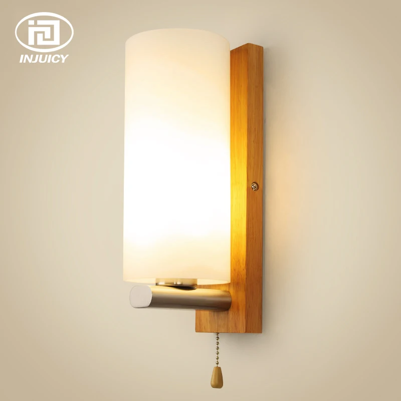 

Modern Chinese Style Oak Wood Glass Shades E27 Wall Lights for Bedside Bedrooms Living Dining Room With Pull Switch