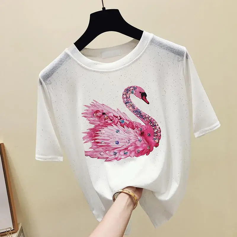 

Zuolunouba Sequined Swan Harajuku T Shirt Women Causal Tees Tops Short Sleeve Summer Clothes Drop Shipping