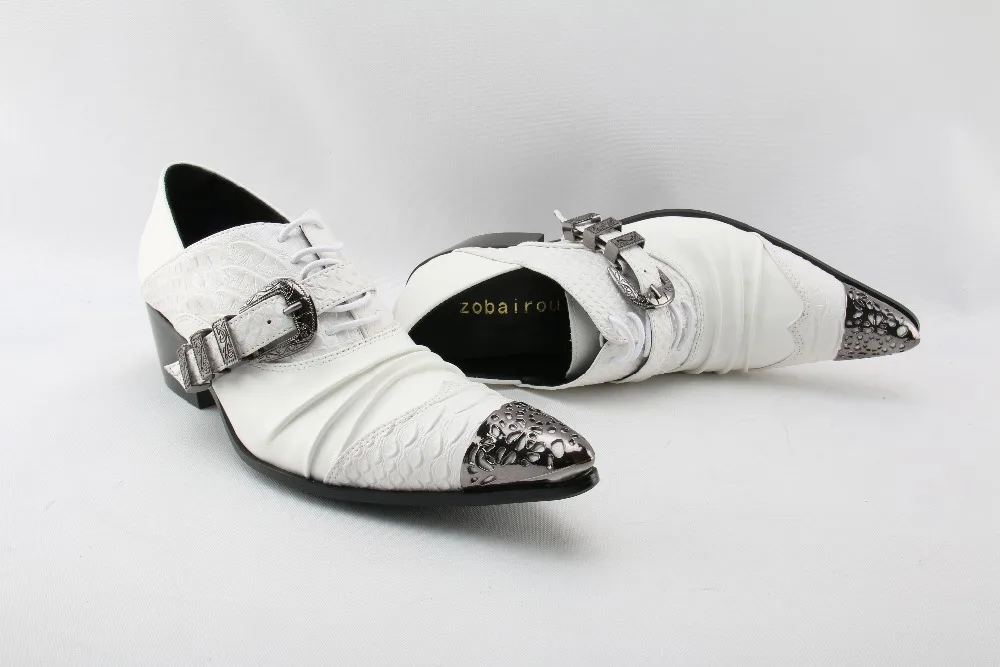 Mens pointed toe dress shoes black white color crocodile skin men leather iron formal wedding spiked loafers | Обувь