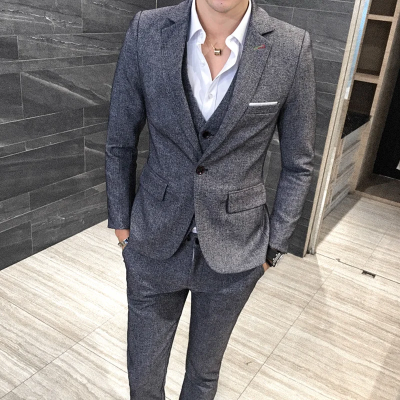 

2pc Autumn Winter New Men Suit Thick Slim Fit Wedding Dress Suits For Men One Button Gray Blazer Set Casual Business Men Suit