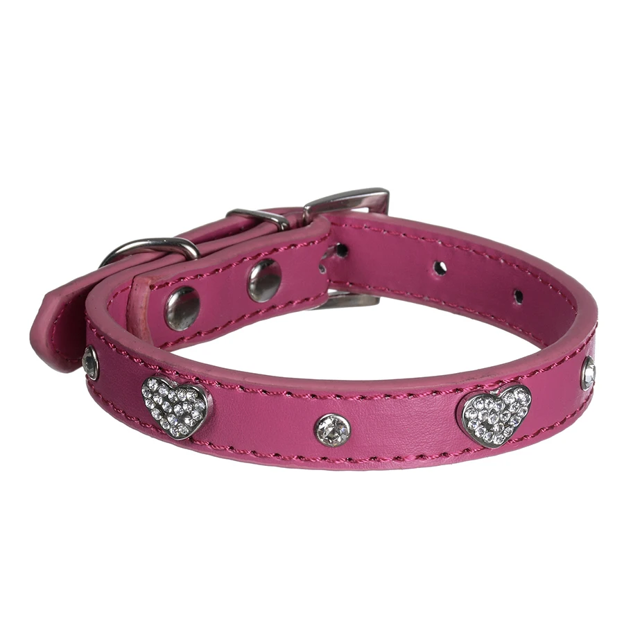 Adjustable Pu Leather Dog Collar Heart Shaped Diamante Rhinestones Pet Puppy Cat Neck Strap Red Rose Size S M | Дом и сад