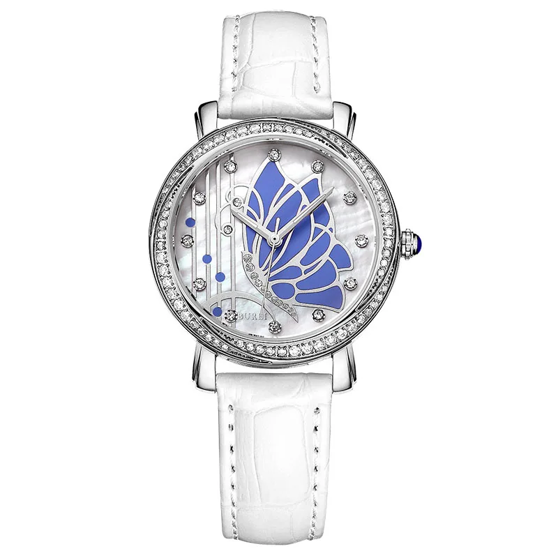 BUREI Эксклюзивная Модная Женщины Часы Белый Кожаный Ремешок Аналоговые Кварцевые