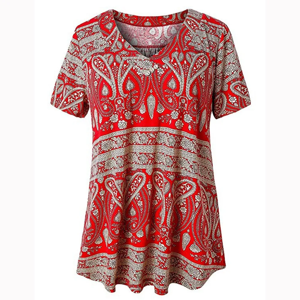 Fashion 2020 Summer Boho Floral Printed Loose Beach Party Shirt Women Casual V-Neck Button Short Sleeve T hot sale | Женская одежда