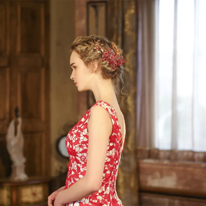 Европейский Дизайн красный Цветочные Свадебные аксессуары для волос кристалл