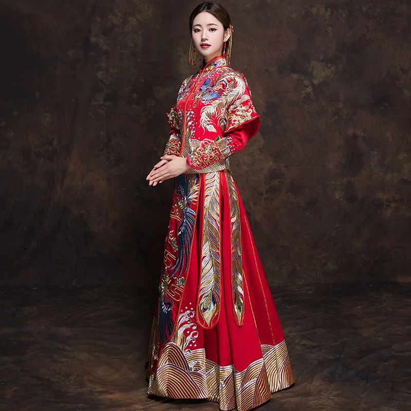 2018 свадебное платье невесты с красным цветком Qipao в национальном китайском стиле