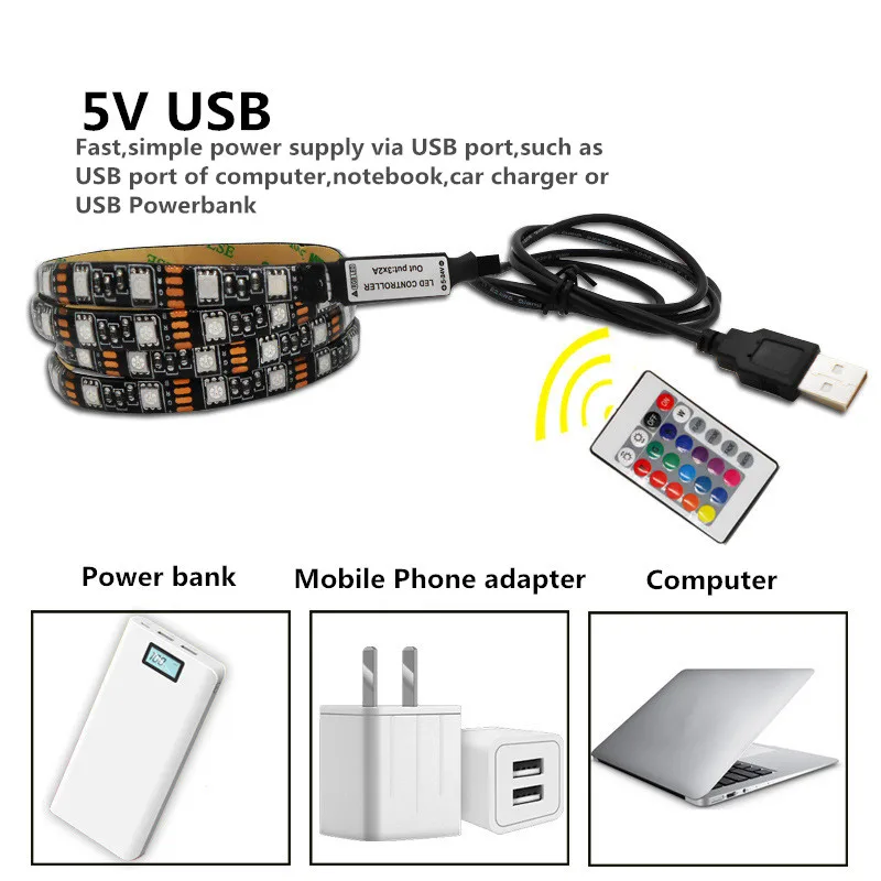 USB LED Strip 5050 RGB TV Background Lighting Kit Cuttable with Controller Waterproof Fiexible Light 60Led/m 0.5/1M/2M Set |