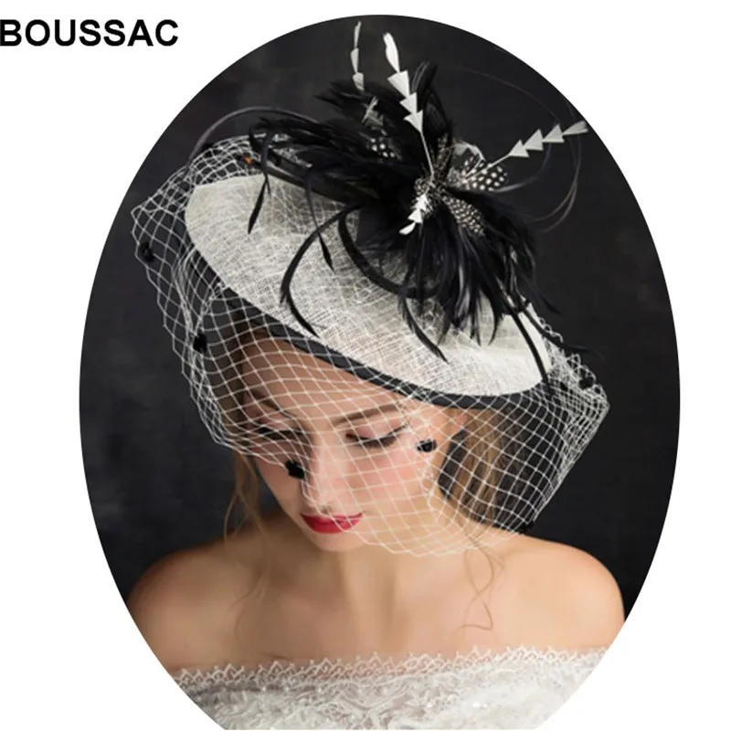 

Vintage Veils Bridal Fascinators Church Hats For Women Black Feather Floral Summer Hat Ladies Party Dance Hair Accessory KNEH07