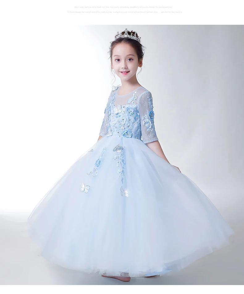 Элегантные платья для девочек с цветами синее кружевное длинное платье
