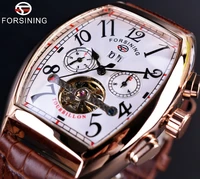 forsining square mechanical design rose gold case white dial brown leather strap mens watches top brand luxury automatic watch