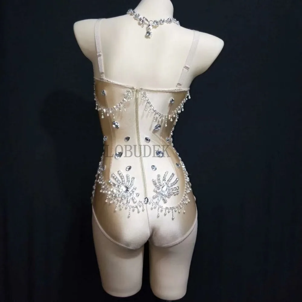Flashing Big Rhinestones Skin Color Halter Bodysuit Silver Crystals Catsuit Nightclub Women DJ Singer Party Outfit Dance Costume