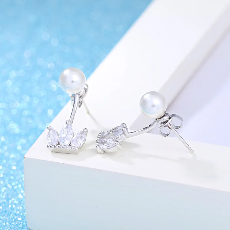 Лучший подарок Кристальные серьги с цветком и жемчугом серебро 925 пробы стразы