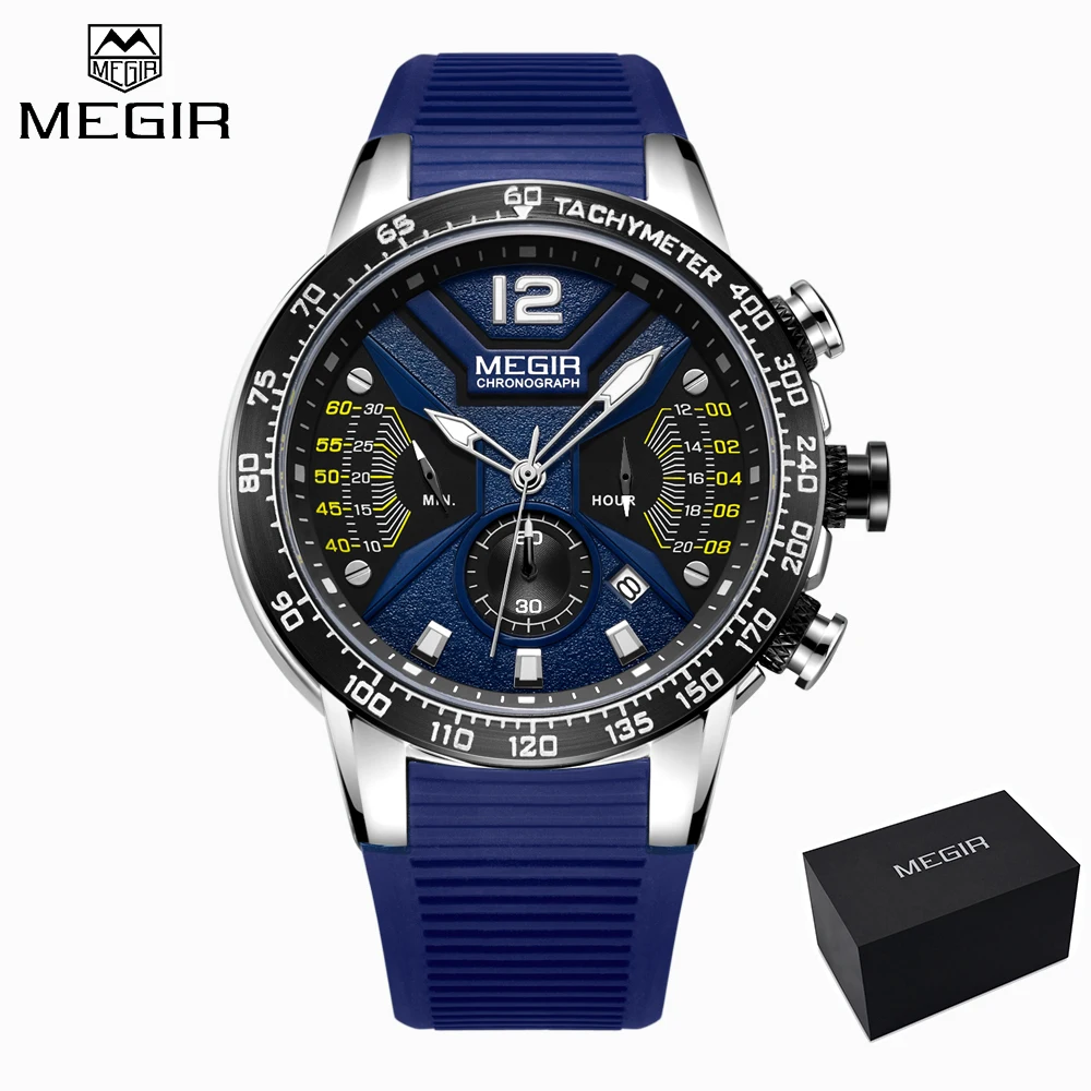 Relogio Masculino MEGIR мужские часы синий силиконовый спортивный хронограф кварцевые