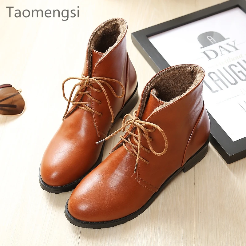 Taomengsi Women's Boots Brown Plus Velvet Thickening Martin Front Strap Lace-Up Round Toe Ladies black ZE33-43 | Обувь