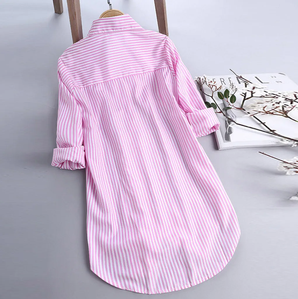 

FREE OSTRICH Women Shirts Stripe Cotton Long Sleeve Turn-down Collar Pink Button Loose Temperament Elegant Summer Blouse Shirts