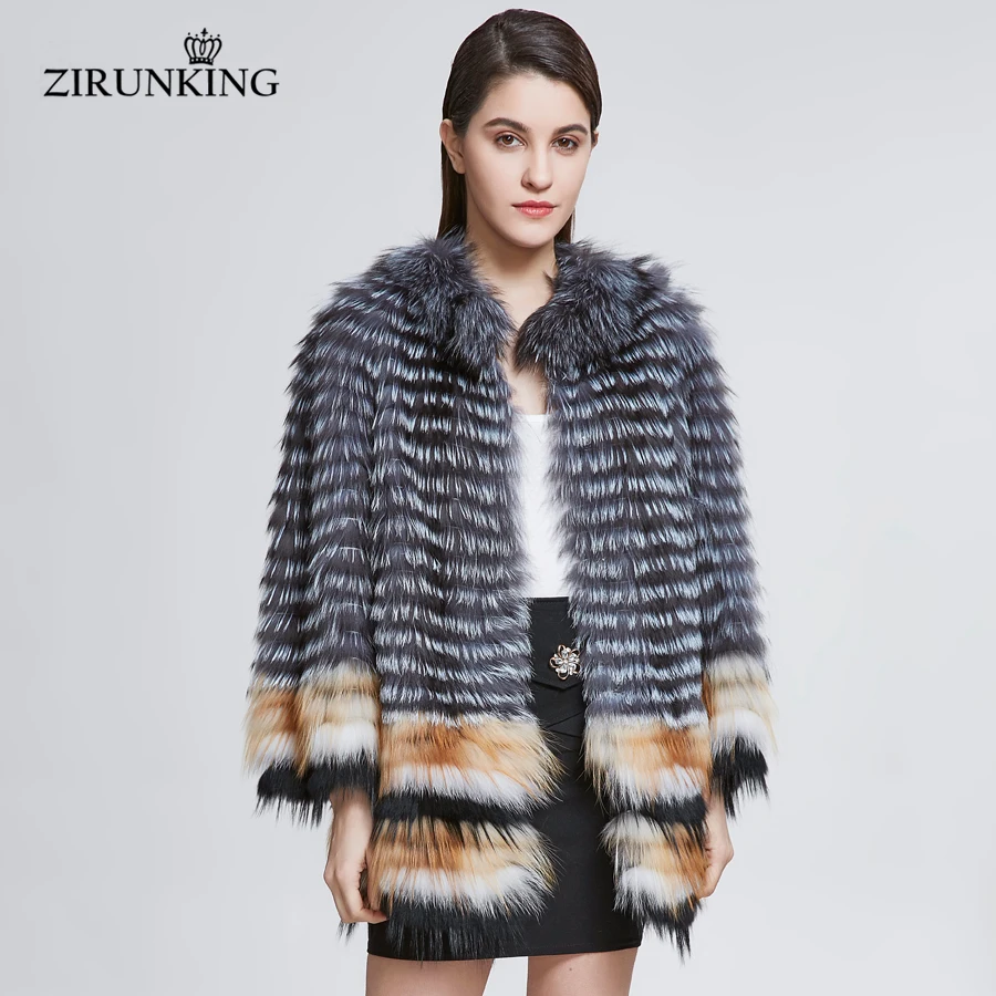 ZIRUNKING Lady Real Fox Fur Coat For Women Natural Fur Jacket Knitted Stripe Clothes Hot Sale Female Fashion Outerwear ZC1830