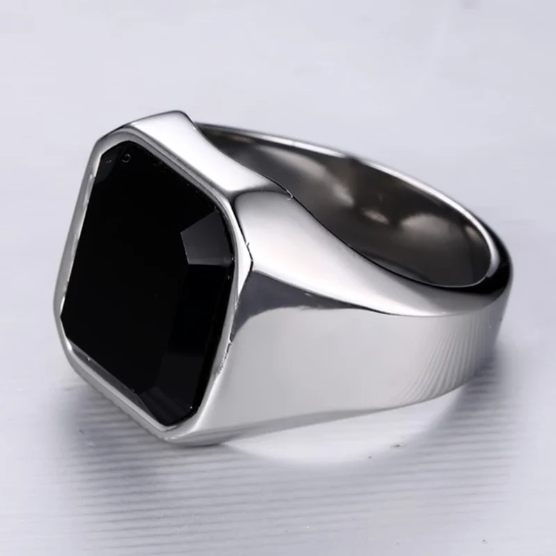 Vintage Men Rock Punk Biker Jewelry Anillos Black Stone Stainless Steel Man Ring Bijoux Simple Square Cocktail bague | Украшения и