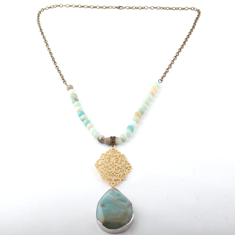 Fashion Bohemian Jewelry 8mm Stone and Chain Metal Grid Link Drop Necklaces For Women Ethnic Necklace | Украшения и аксессуары