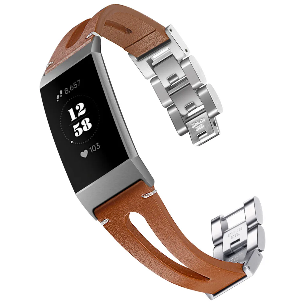 Новая кожа + нержавеющая сталь Замена кожаный браслет ремешок для Fitbit Charge 3