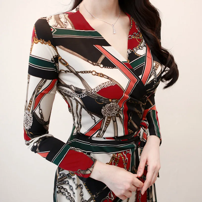 

Plus Size 2019 Summer Print Bodycon Bandage Dress Women V-neck Long Sleeve Wrap Midi Dress Women Casual Ladies Dresses Elegant