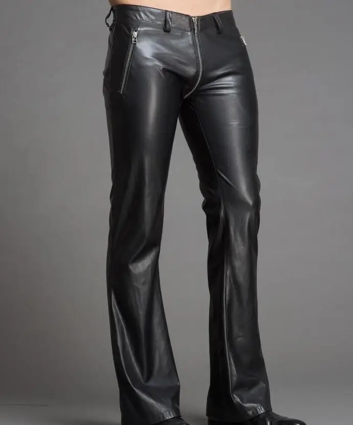 

28-39 Hot / Spring Men's New Fashion Personality Design tailored zipper low waist PU pants tailored boot cut pant