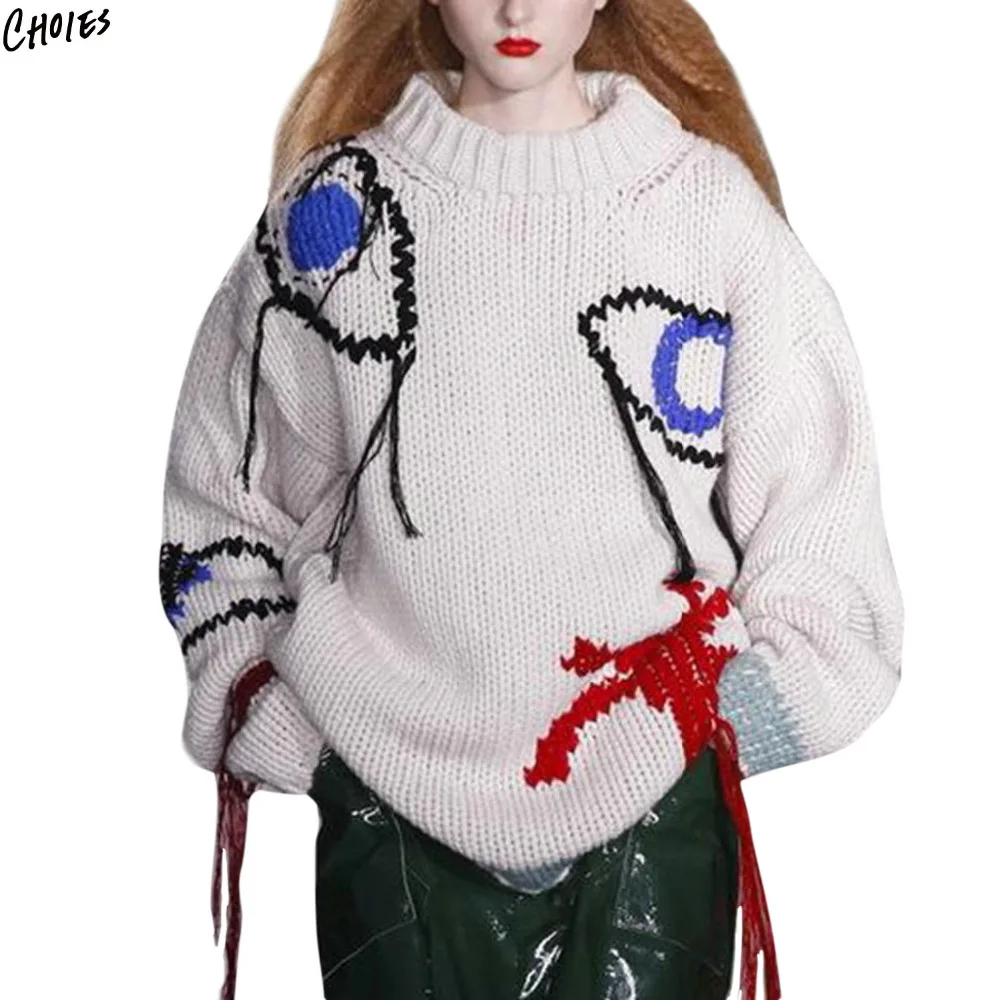 Белый глаз узор кисточкой Удлиненный вязаный безразмерный джемпер 2017 женская