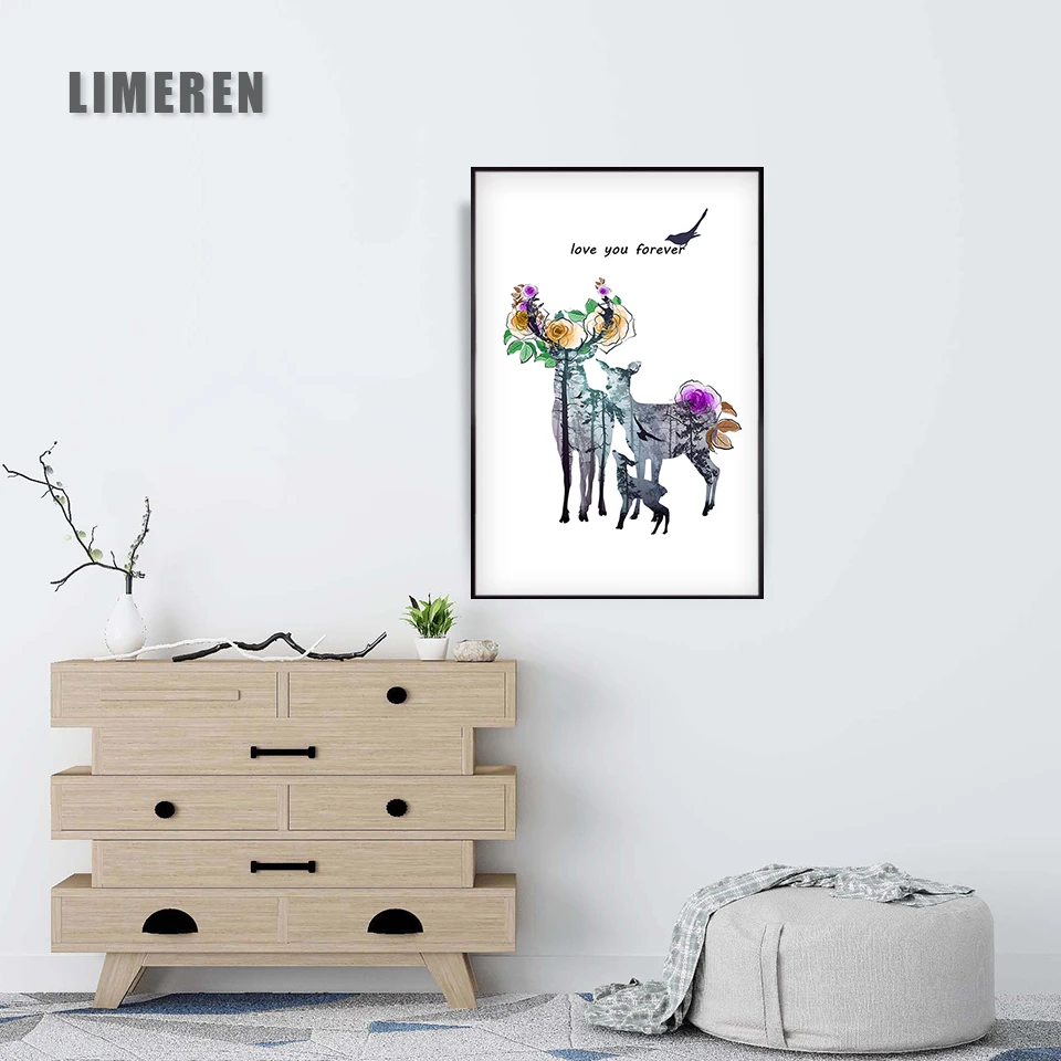

Nordic Dream Elk Watercolor Bird Flower and Deer Dialogue Illustration Canvas Print Painting Posters Art, Wall Pictures For Livi