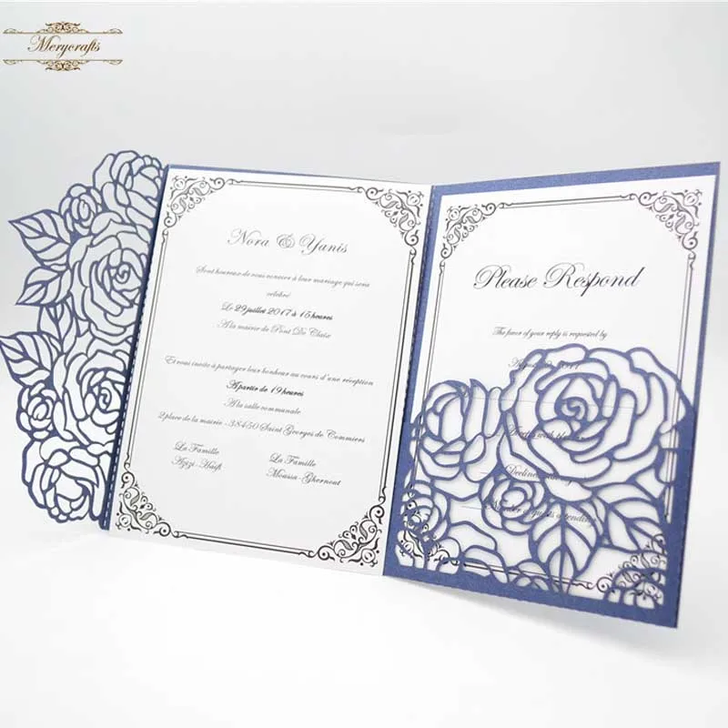 

50pieces Rose red navy blue laser cut pocket folded card invitations for wedding