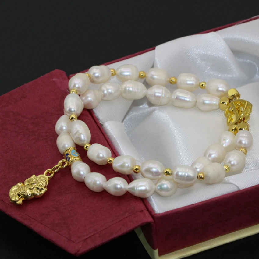 Free shipping top quality 7-8mm white natural freshwater cultured barrel rice pearl two rows clasp bracelets jewelry 8inch B2759 | Украшения