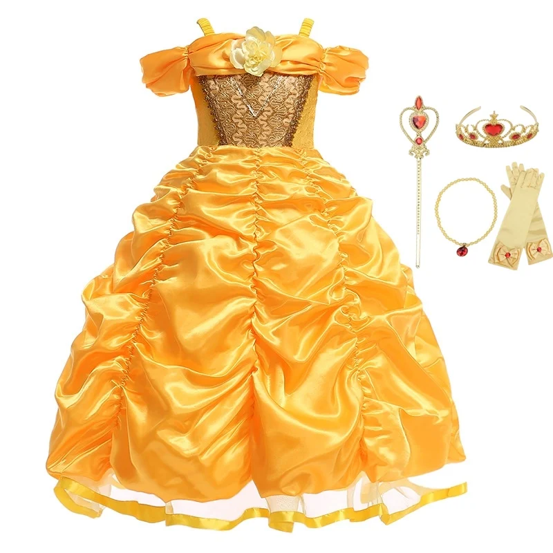 Dress set FINDPITAYA костюм для косплея "Белль" Девочки Красавица и Чудовище платье принцессы Детское многослойное бальное платье на Хэллоуин - Цвет: Dress set