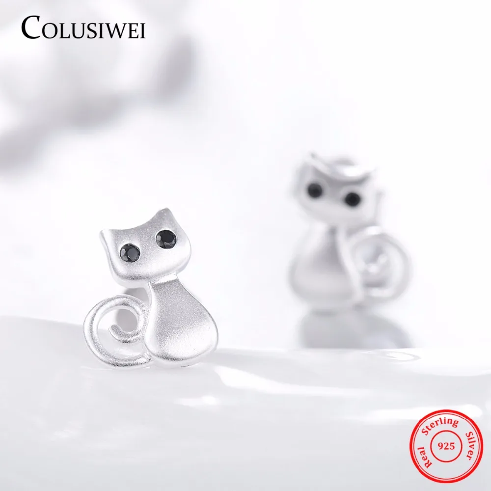 New Lovely Cute Cats Stud Earrings Natural Obsidian Silver 100% 925 Sterling For Women Wedding Jewelry Brincos | Украшения и