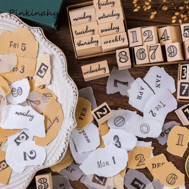 Винтажные недели/месяц/числовой набор деревянных штампов DIY планировщик Ремесло