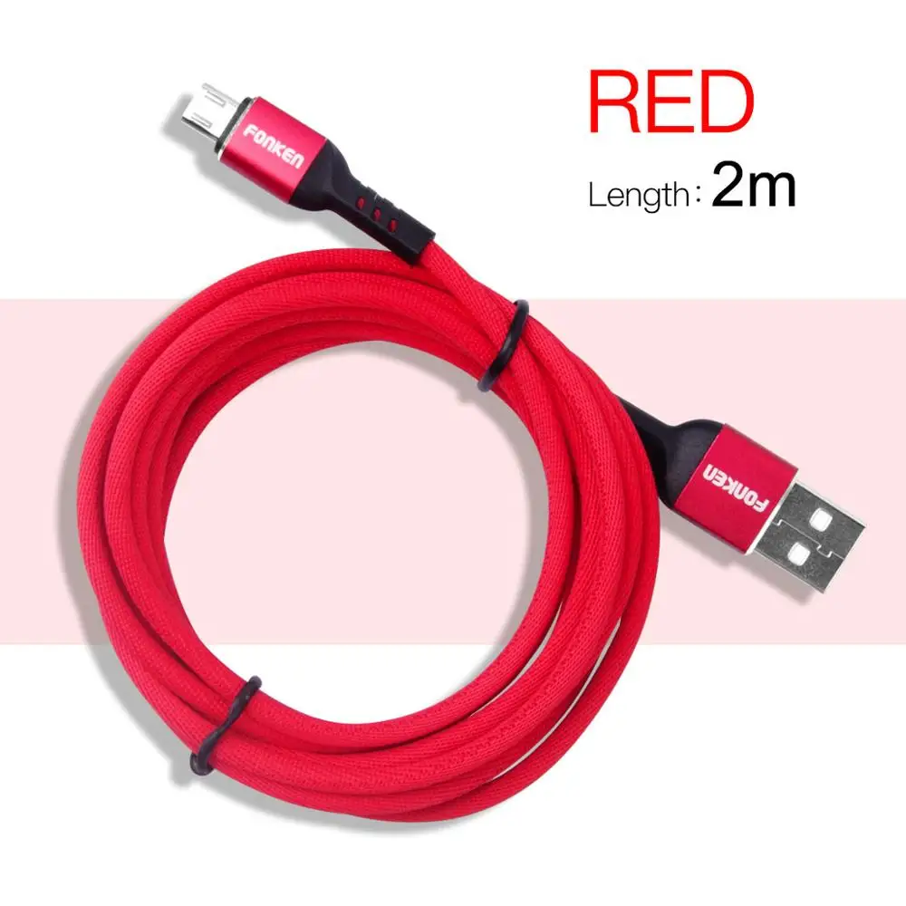 FONKEN Micro USB кабель 3A Быстрая зарядка usb-кабели данных 1 м 2 м тканевый Плетеный Android мобильный телефон USB зарядное устройство Быстрая зарядка провода - Цвет: Red 2m USB Cable