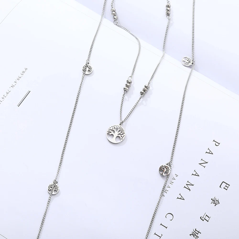 Stainless Steel Double Layer Long Chain Necklace For Women Fashion Tree of Life Charms Elegant Party Trendy Jewelry New | Украшения и