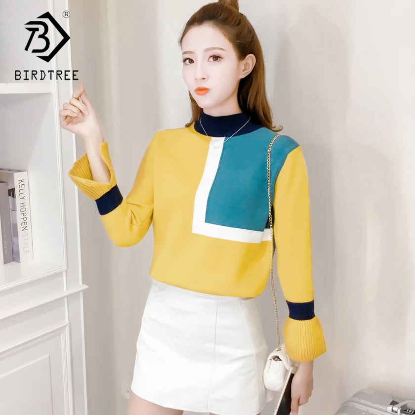 Women Knitted Sweater 2018 Spring Autumn New Turtleneck Fashion Tops Blouse Slim Flare Sleeves Solid Pullovers Sweaters C87741L | Женская