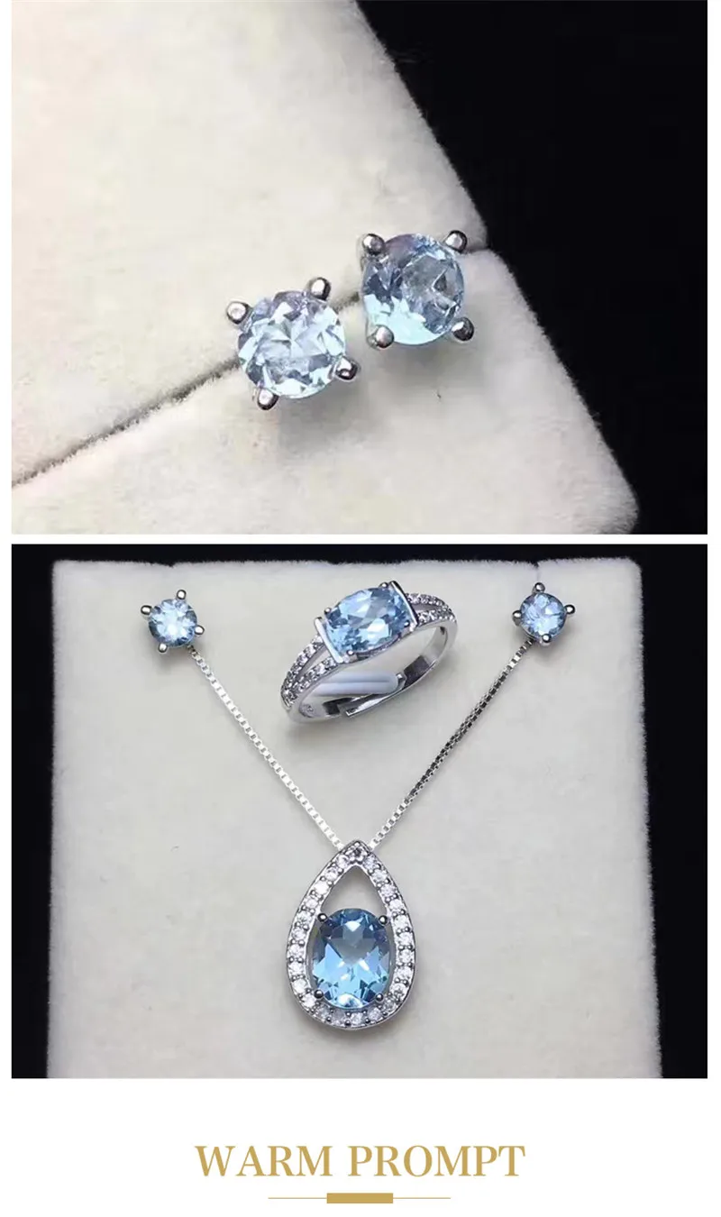 Природный камень Fine Jewelry наборы для Для женщин 925 Серебряное кольцо серьги колье подвески голубой топаз овал 3 шт. комплект CCS004-1