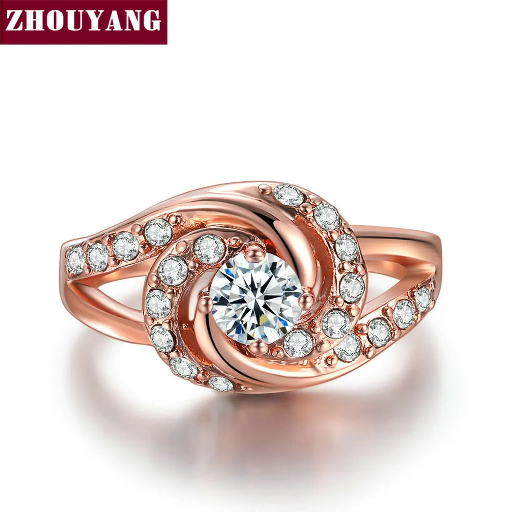 ZHOUYANG, обручальное кольцо для женщин, розовое золото, четыре когтя, спиральный дизайн, роскошный кубический цирконий, подарок, модное ювелирное изделие R780