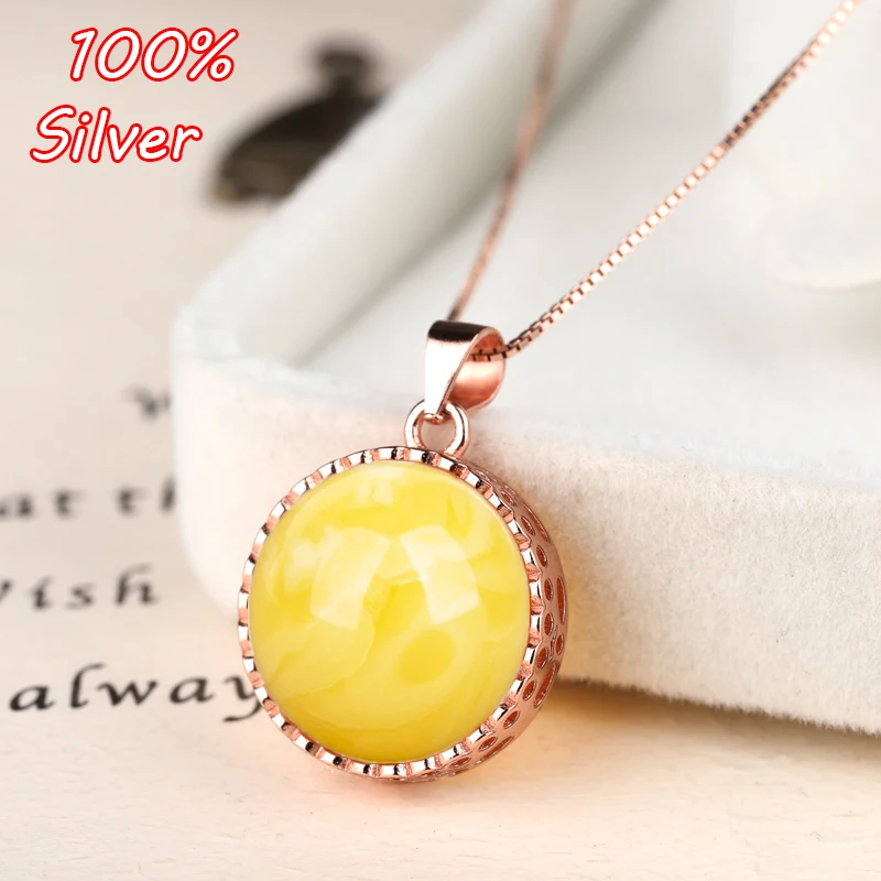 

15mm 100% Sterling-Silver Color Plated rose gold round Pendant base blan set with honey wax amber female style Jewelry